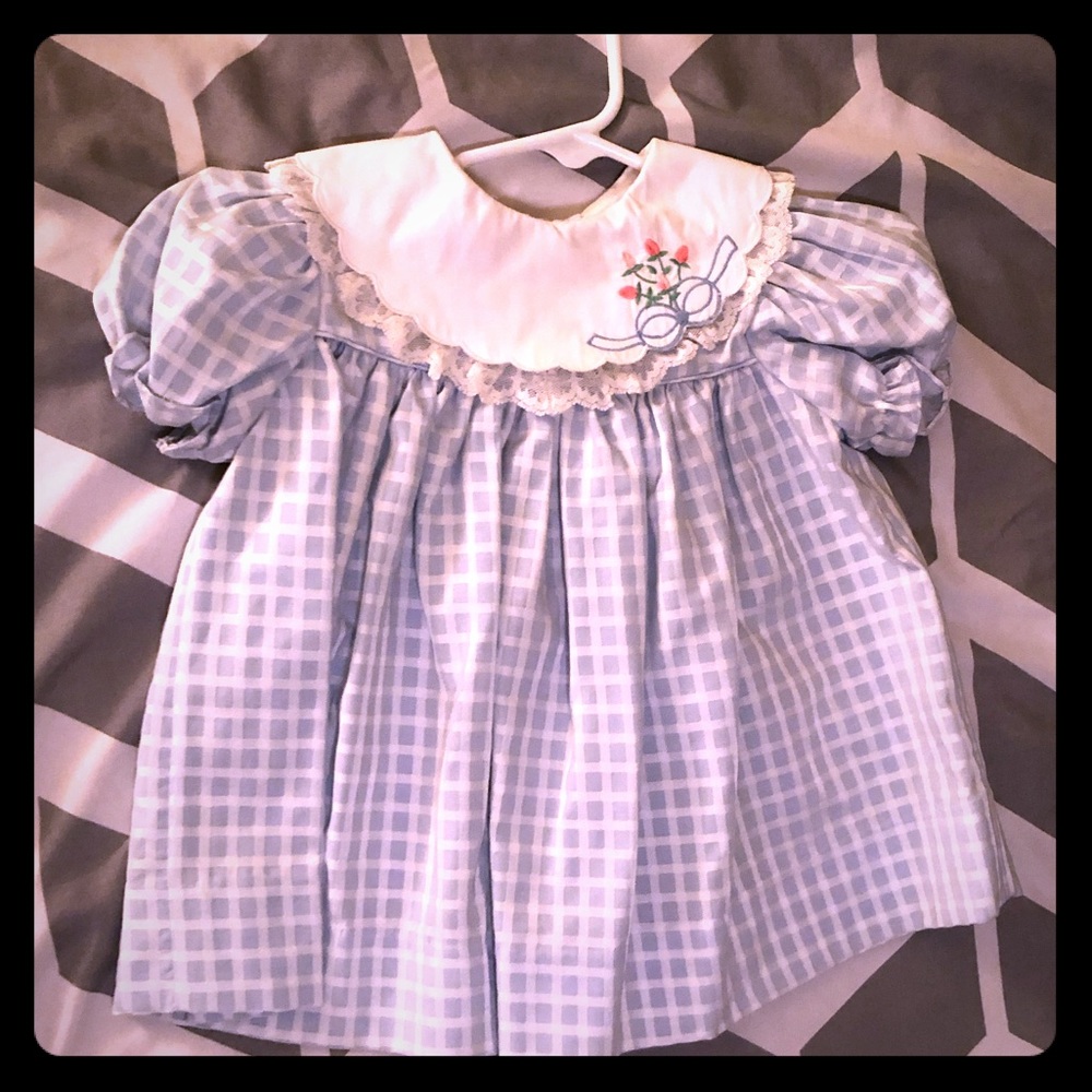 Vintage baby dress, baby blue and white.